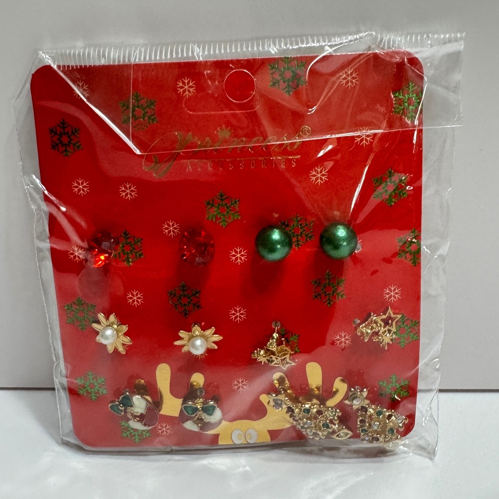 Princess Accessories 6 Pair Christmas Stud Earring Set Red Green Gold Tree Santa